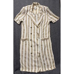 VTG  Good Times Tan White Striped Double Breasted Shirt Dress Size 14 USA Made